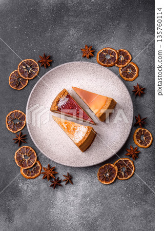 Cheesecake, a slice of sweet pie, a classic cheese dessert. Cheesecake as a food background Cheesecake, a slice of sweet pie, a classic cheese dessert. Cheesecake as a food background 135760114