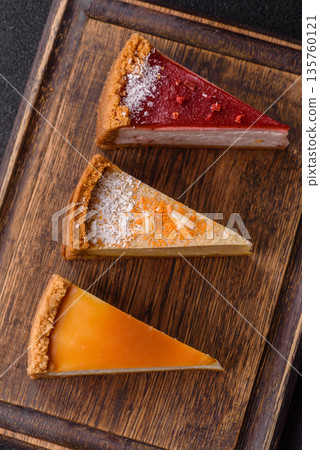 Cheesecake, a slice of sweet pie, a classic cheese dessert. Cheesecake as a food background Cheesecake, a slice of sweet pie, a classic cheese dessert. Cheesecake as a food background 135760121
