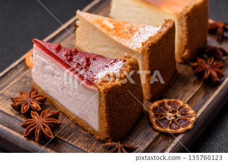 Cheesecake, a slice of sweet pie, a classic cheese dessert. Cheesecake as a food background Cheesecake, a slice of sweet pie, a classic cheese dessert. Cheesecake as a food background 135760123