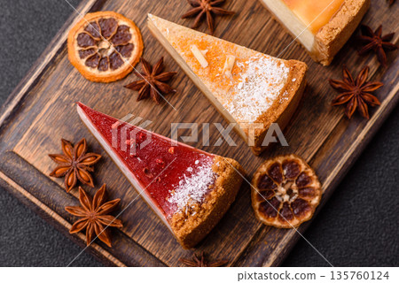 Cheesecake, a slice of sweet pie, a classic cheese dessert. Cheesecake as a food background Cheesecake, a slice of sweet pie, a classic cheese dessert. Cheesecake as a food background 135760124