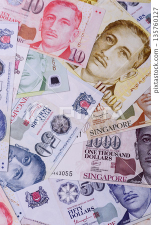 Money, currency of Singapore, dollar banknotes of various denominations. Singapore money 135760127