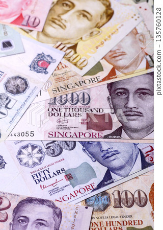 Money, currency of Singapore, dollar banknotes of various denominations. Singapore money 135760128