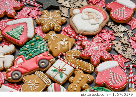 Gingerbread, Christmas cookies, and ornamental holiday baked goods. Christmas gingerbread 135760179