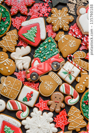 Gingerbread, Christmas cookies, and ornamental holiday baked goods. Christmas gingerbread Gingerbread, Christmas cookies, and ornamental holiday baked goods. Christmas gingerbread 135760188