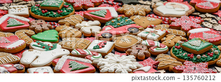 Gingerbread, Christmas cookies, and ornamental holiday baked goods. Christmas gingerbread Gingerbread, Christmas cookies, and ornamental holiday baked goods. Christmas gingerbread 135760212