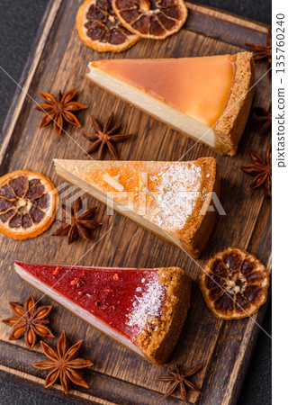 Cheesecake, a slice of sweet pie, a classic cheese dessert. Cheesecake as a food background Cheesecake, a slice of sweet pie, a classic cheese dessert. Cheesecake as a food background 135760240