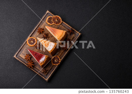 Cheesecake, a slice of sweet pie, a classic cheese dessert. Cheesecake as a food background Cheesecake, a slice of sweet pie, a classic cheese dessert. Cheesecake as a food background 135760243