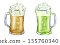 Green and braun beer. Glass mug set with ale for Saint Patrick's Day or Oktoberfest. Hand drawn watercolor illustration isolated background. Happy March 17th banner. For Irish bar menu 135760340