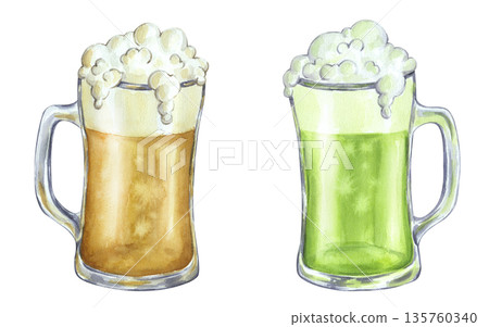 Green and braun beer. Glass mug set with ale for Saint Patrick's Day or Oktoberfest. Hand drawn watercolor illustration isolated background. Happy March 17th banner. For Irish bar menu Green and braun beer. Glass mug set with ale for Saint Patrick's Day or Oktoberfest. Hand drawn watercolor illustration isolated background. Happy March 17th banner. For Irish bar menu 135760340