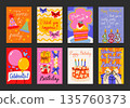 Bright retro cartoon birthday posters. Cute party decor, gift boxes, cakes, candles, balloons. Parties, gifts, greetings, happy holiday postcards. Wall banners for Birthdays, events, party decoration. 135760373