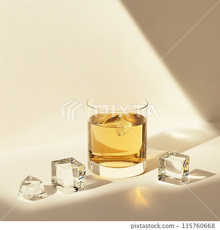 Whiskey glass with ice cubes in soft light ambiance 135760668