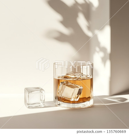Whiskey glass with ice cubes and soft light shadows Whiskey glass with ice cubes and soft light shadows 135760669