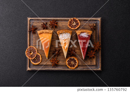 Cheesecake, a slice of sweet pie, a classic cheese dessert. Cheesecake as a food background Cheesecake, a slice of sweet pie, a classic cheese dessert. Cheesecake as a food background 135760792