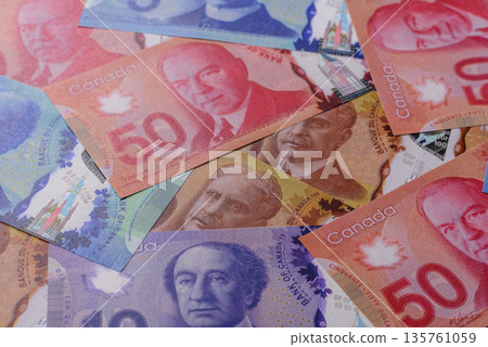 Money, currency of Canada, dollar banknotes of various denominations. Canadian money 135761059