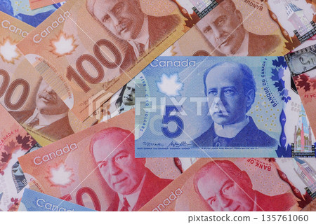 Money, currency of Canada, dollar banknotes of various denominations. Canadian money 135761060