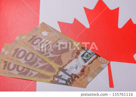 Money, currency of Canada, dollar banknotes of various denominations. Canadian money 135761118