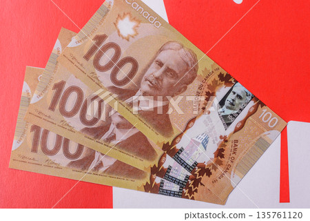 Money, currency of Canada, dollar banknotes of various denominations. Canadian money 135761120
