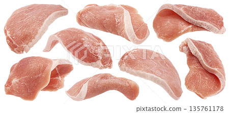 Raw pork loin, fresh boneless meat cuts isolated on white background with clipping path, full depth of field 135761178