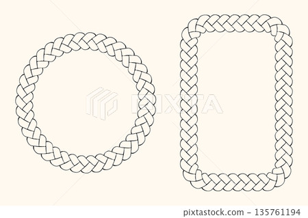 Rope frame outline set, rectangle circle geometric shape border, hand drawn ink blob brush line ornament, sketch doodle style contour, decorative isolated graphic elements 135761194