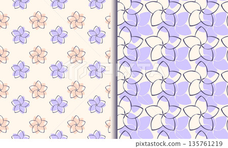 Floral seamless pattern set of 2, cute linear pastel pink blue colour decorative repeat flower collection, hand drawn brush pen flat doodle style graphic design Floral seamless pattern set of 2, cute linear pastel pink blue colour decorative repeat flower collection, hand drawn brush pen flat doodle style graphic design 135761219