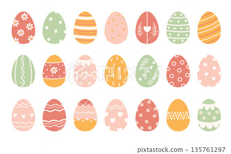 Vector big set of easter eggs. Bundle of traditional decorative Easter eggs with floral and heart patterns. Spring holiday elements. Egg hunt. 135761297
