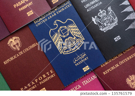 Passports of citizens of different countries of the world, passports background Passports of citizens of different countries of the world, passports background 135761579