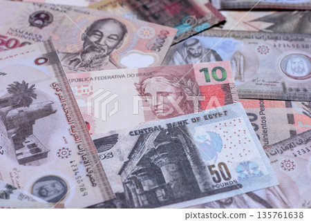 Money background, currency exchange, paper banknotes from different countries. Money cash currency 135761638