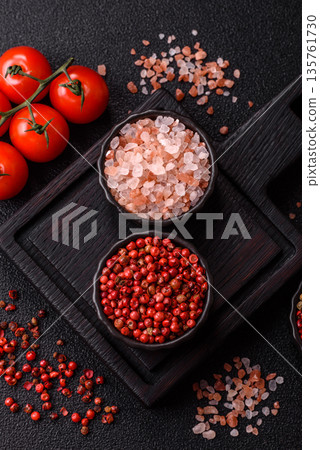 Indian spices, pepper, salt, turmeric, ingredients for cooking. Spices pepper, salt, and turmeric 135761730