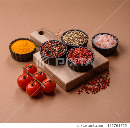 Indian spices, pepper, salt, turmeric, ingredients for cooking. Spices pepper, salt, and turmeric 135761755