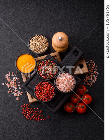 Indian spices, pepper, salt, turmeric, ingredients for cooking. Spices pepper, salt, and turmeric 135761758