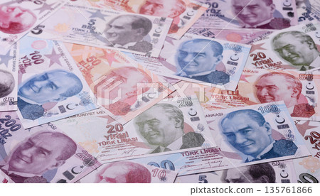 Money, currency of Turkey, lira banknotes of various denominations. Turkish money 135761866