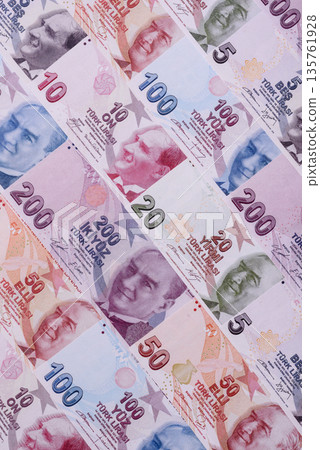 Money, currency of Turkey, lira banknotes of various denominations. Turkish money Money, currency of Turkey, lira banknotes of various denominations. Turkish money 135761928