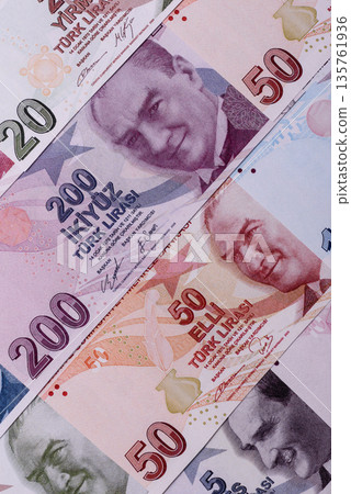 Money, currency of Turkey, lira banknotes of various denominations. Turkish money Money, currency of Turkey, lira banknotes of various denominations. Turkish money 135761936