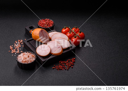 Ham, cooked sausage slices for breakfast sandwiches. Sliced boiled sausage Ham, cooked sausage slices for breakfast sandwiches. Sliced boiled sausage 135761974