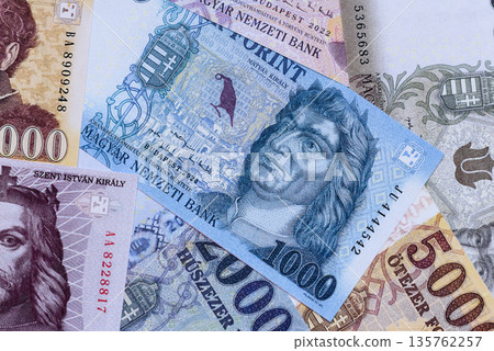 Hungarian forint, cash, currency of Hungary, banknotes for financial transactions. Hungarian forint Hungarian forint, cash, currency of Hungary, banknotes for financial transactions. Hungarian forint 135762257