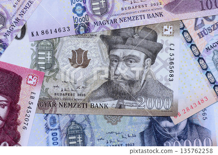 Hungarian forint, cash, currency of Hungary, banknotes for financial transactions. Hungarian forint Hungarian forint, cash, currency of Hungary, banknotes for financial transactions. Hungarian forint 135762258