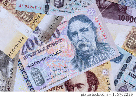 Hungarian forint, cash, currency of Hungary, banknotes for financial transactions. Hungarian forint Hungarian forint, cash, currency of Hungary, banknotes for financial transactions. Hungarian forint 135762259