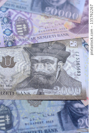 Hungarian forint, cash, currency of Hungary, banknotes for financial transactions. Hungarian forint 135762267