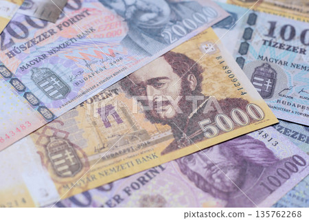 Hungarian forint, cash, currency of Hungary, banknotes for financial transactions. Hungarian forint 135762268