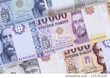 Hungarian forint, cash, currency of Hungary, banknotes for financial transactions. Hungarian forint 135762295