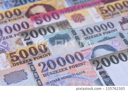 Hungarian forint, cash, currency of Hungary, banknotes for financial transactions. Hungarian forint 135762305