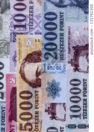 Hungarian forint, cash, currency of Hungary, banknotes for financial transactions. Hungarian forint Hungarian forint, cash, currency of Hungary, banknotes for financial transactions. Hungarian forint 135762308