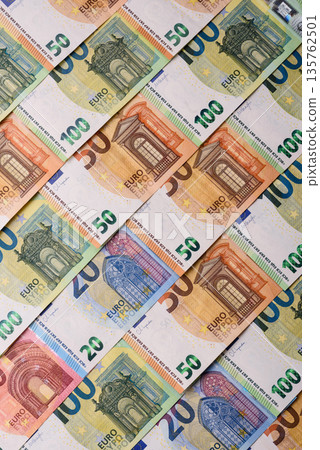 Euro, European currency cash banknotes for business. Euro banknotes Euro, European currency cash banknotes for business. Euro banknotes 135762501