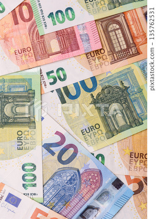 Euro, European currency cash banknotes for business. Euro banknotes Euro, European currency cash banknotes for business. Euro banknotes 135762531
