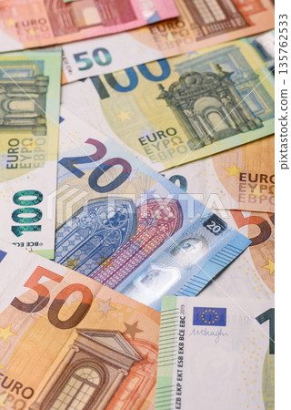 Euro, European currency cash banknotes for business. Euro banknotes Euro, European currency cash banknotes for business. Euro banknotes 135762533