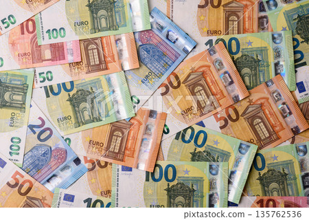 Euro, European currency cash banknotes for business. Euro banknotes 135762536