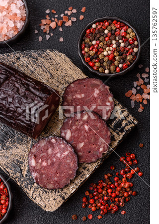 Black blood pudding, grilled pork sausage cooked for dinner. Blood pudding 135762597