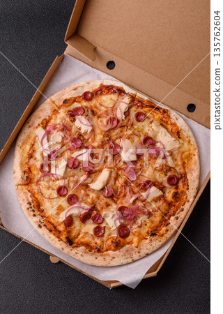 Italian pizza with sausage, chicken, and cheese for dinner. Sausage pizza Italian pizza with sausage, chicken, and cheese for dinner. Sausage pizza 135762604