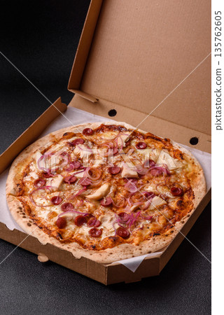 Italian pizza with sausage, chicken, and cheese for dinner. Sausage pizza Italian pizza with sausage, chicken, and cheese for dinner. Sausage pizza 135762605