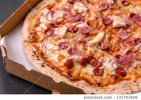 Italian pizza with sausage, chicken, and cheese for dinner. Sausage pizza Italian pizza with sausage, chicken, and cheese for dinner. Sausage pizza 135762606